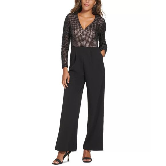 Calvin Klein Womens 10 Black Sequin Jumpsuit Long Sleeve Pleated Wide Leg OS4-10 - Picture 1 of 10
